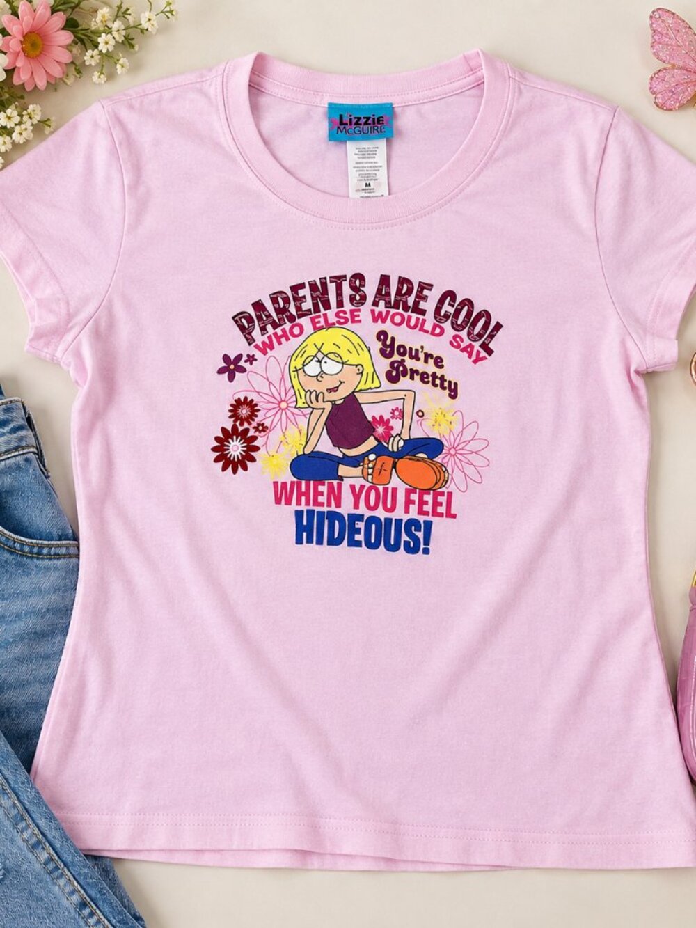 Vintage Y2K Lizzie McGuire Disney Pink Graphic Baby Tee Medium 2000s